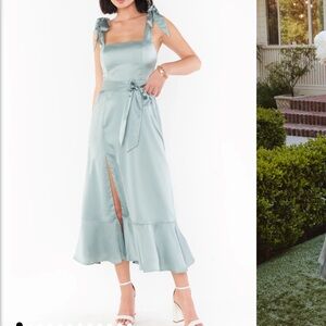 Show‎ Me Your Mumu Claire Midi Dress Satin Green Ruffle Dress Bridesmaid NWT M